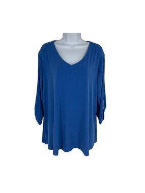 Susan Graver V-Neck Blue 3/4 Sleeve Embellished Cuffs Blouse Size 1X